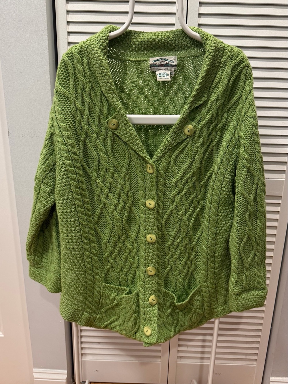Aran Crafts Cardigan Sweater Women’s Green 100% Merino Wool Cable Knit XXL